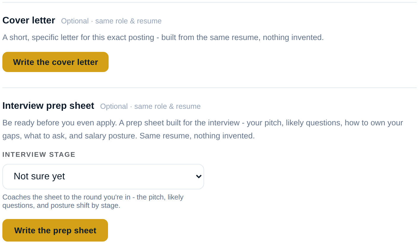 The cover letter and interview prep sections of the tool, each with its own button, and a dropdown for choosing which interview round the prep sheet should be written for.